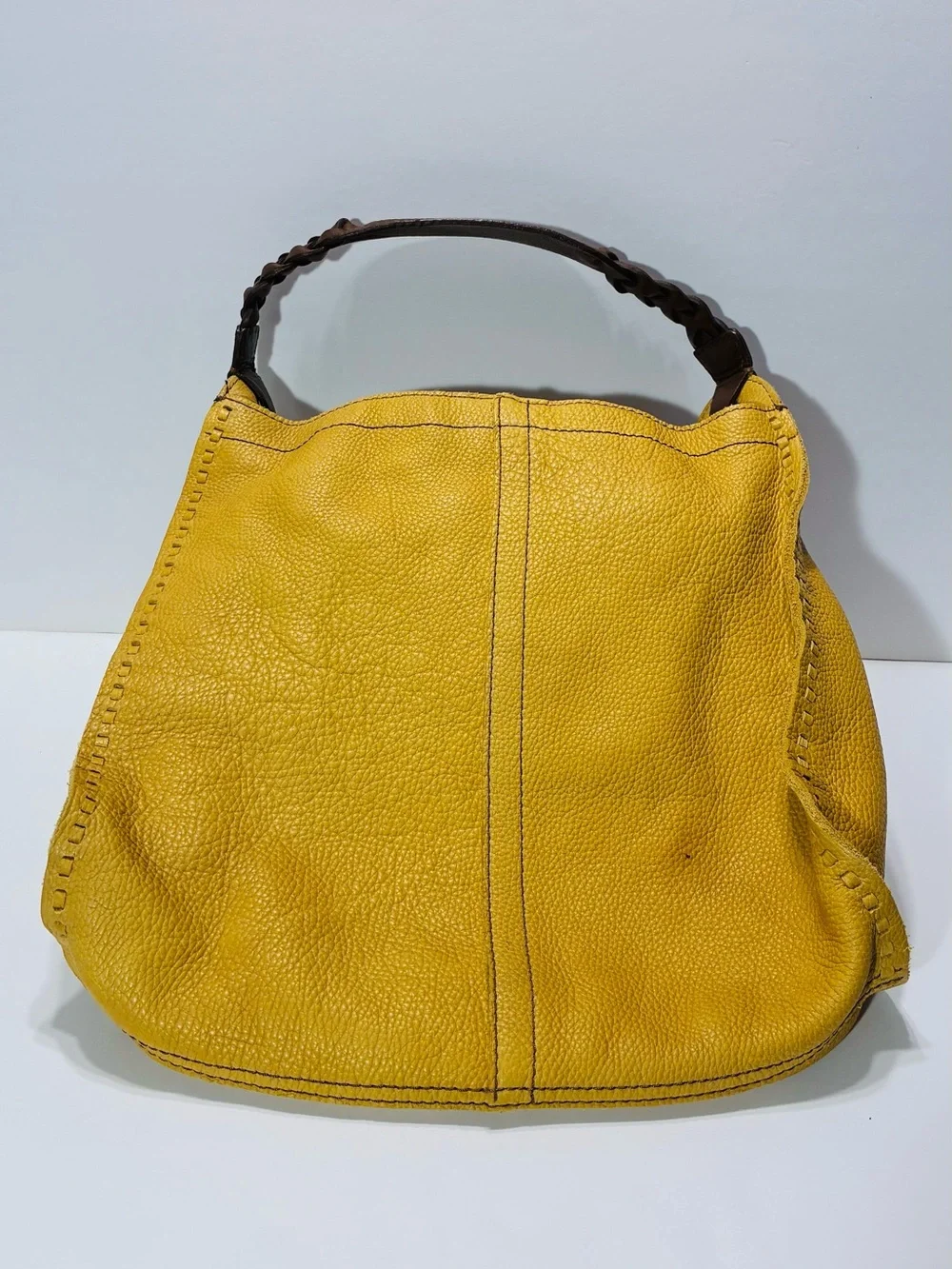 Lucky Brand Tan Pebbled Leather Brown Braided Strap Hobo Shoulder Bag Large